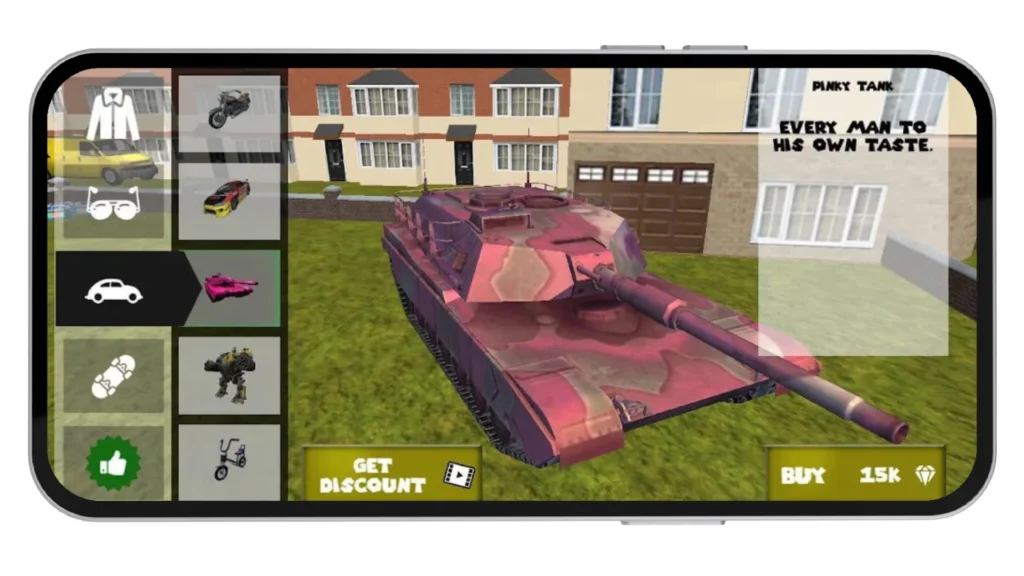 Pink tank selected in vehicle menu