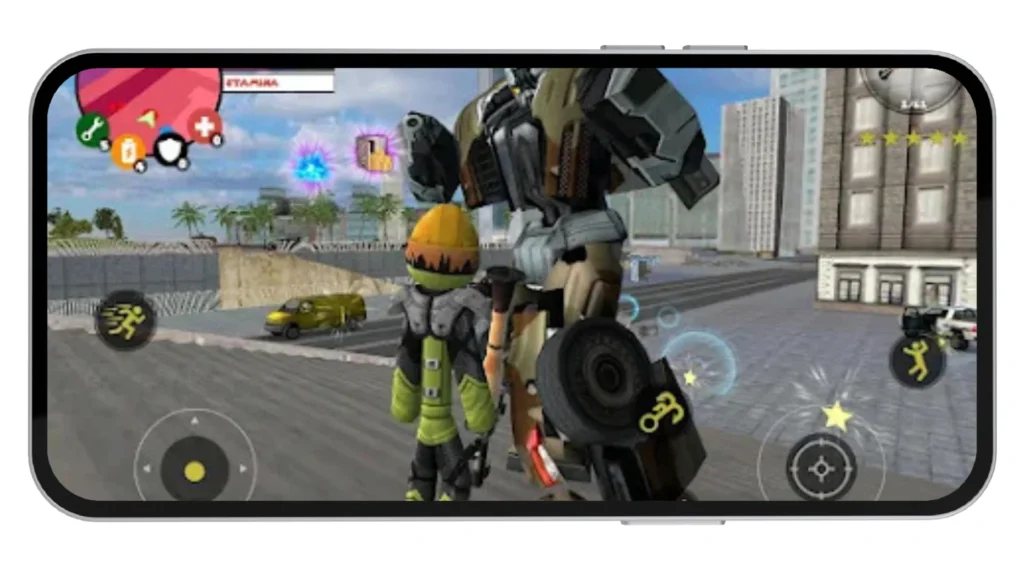 Character standing beside a giant robot