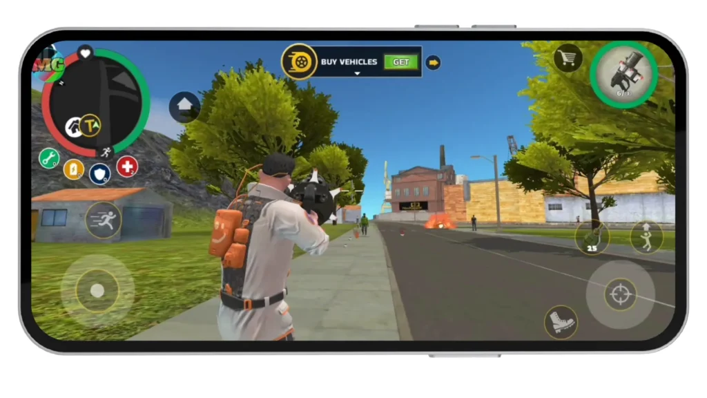 Character shooting enemies on the street