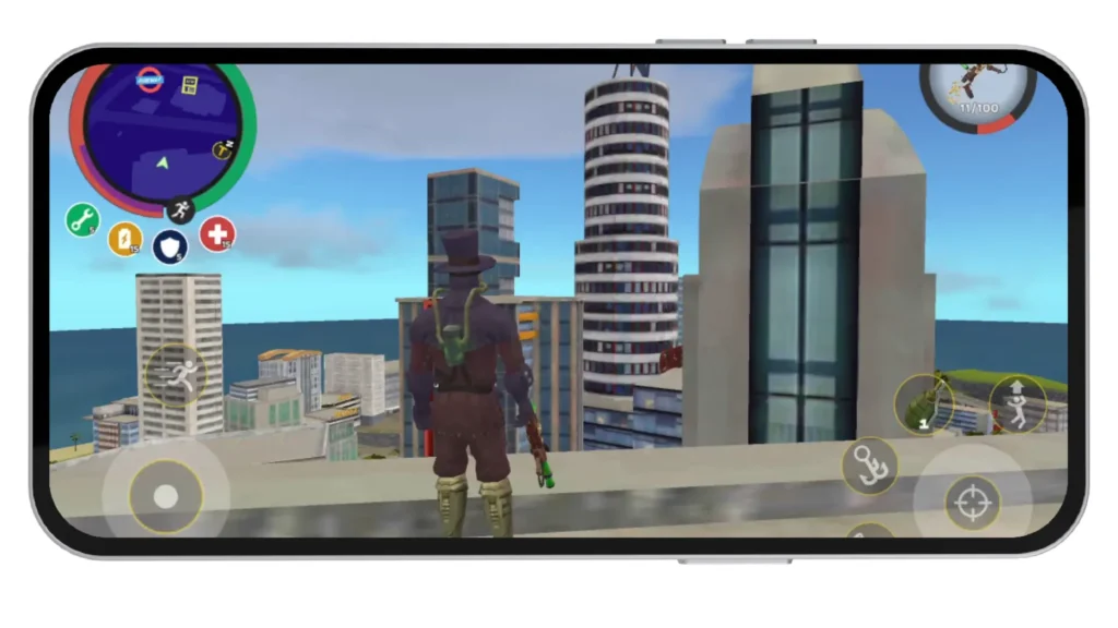 Character standing on a rooftop overlooking the city