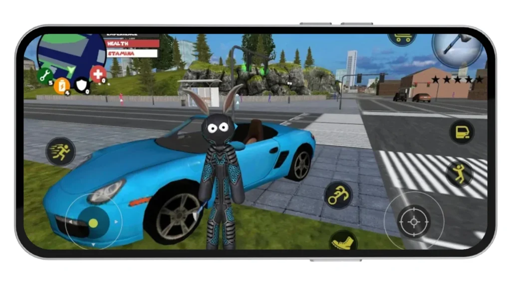 Character standing beside a blue sports car in the city