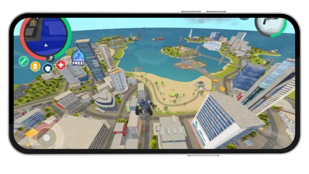 Flying over the city in-game