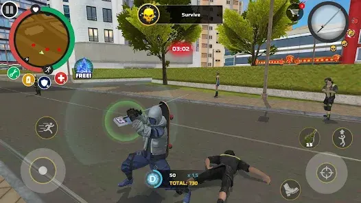 Superhero fighting enemies on a city street