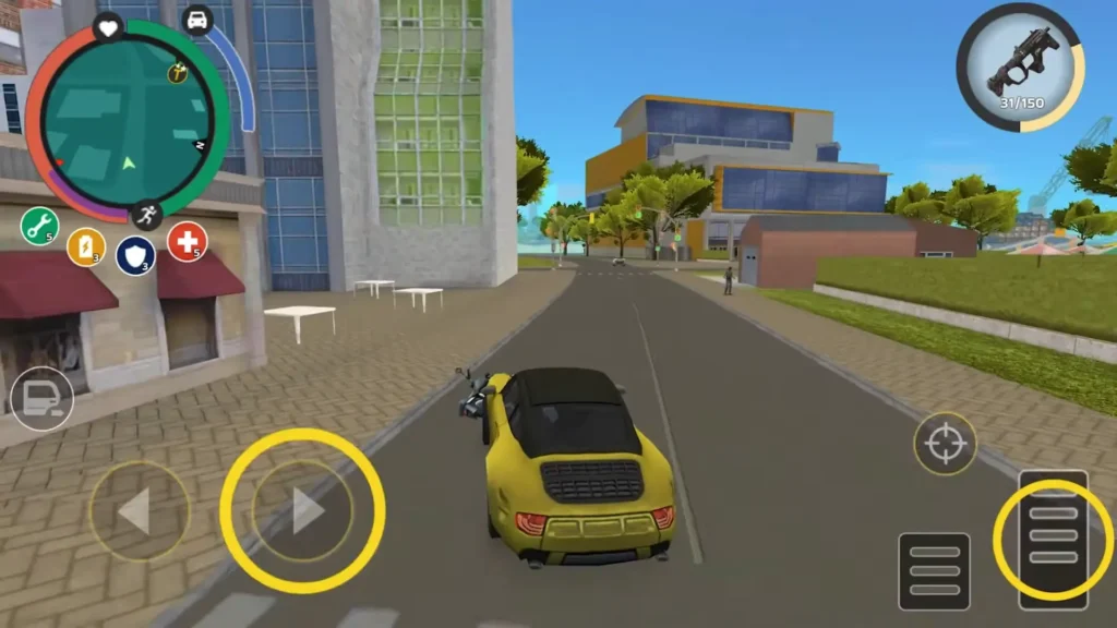 Yellow sports car driving through city streets