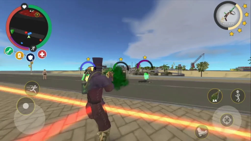 Superhero shooting green energy at enemies near the beach