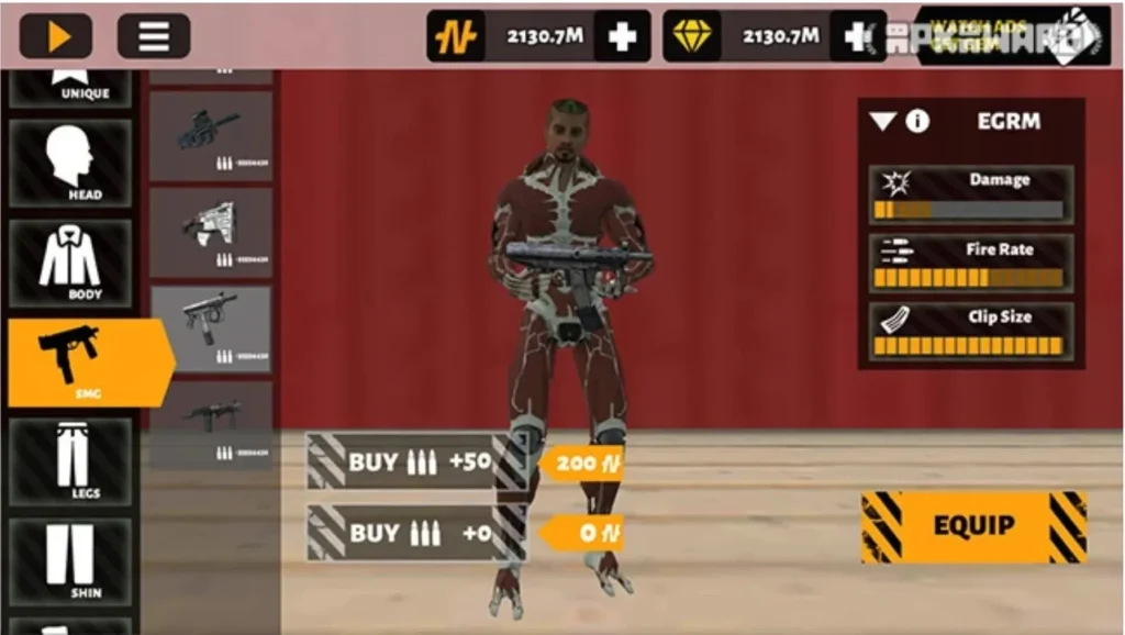 Character holding SMG in the weapon upgrade menu