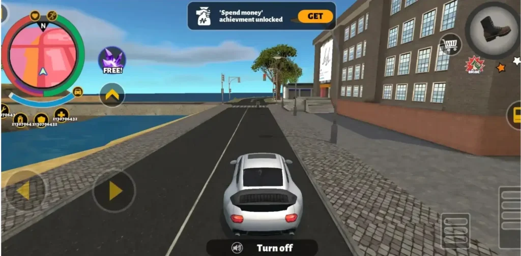 Player driving a white sports car through the city road