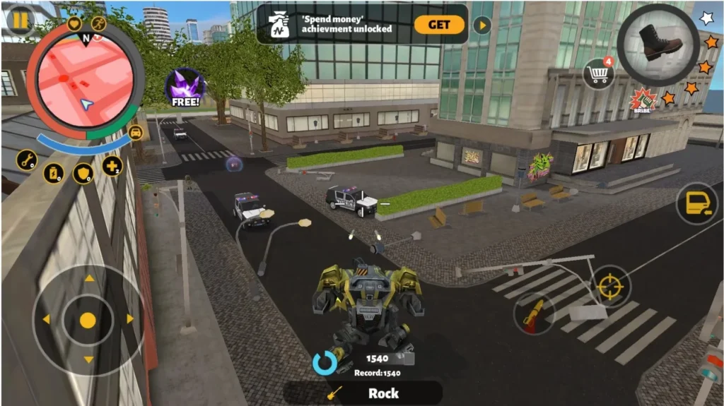 Robot character fighting police vehicles in the city