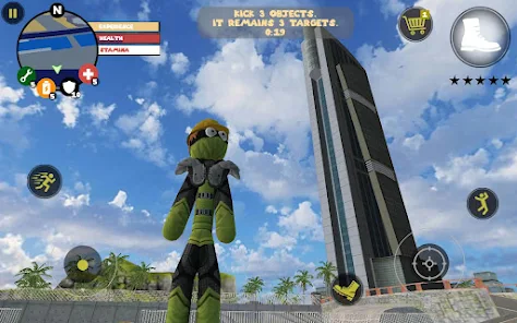 Stickman hero standing near a tall skyscraper in the city