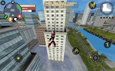 Stickman hero climbing a tall building using rope