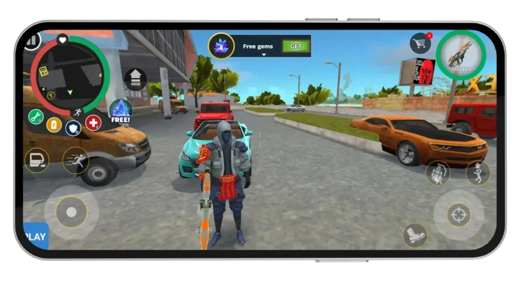 Character standing with weapon beside cars