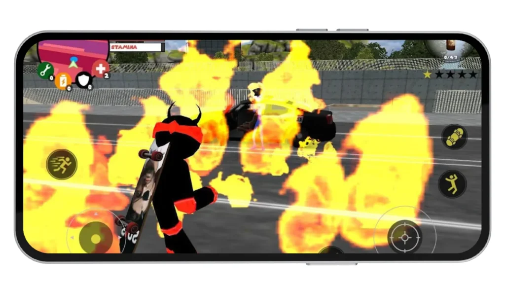 Character surrounded by flames during battle