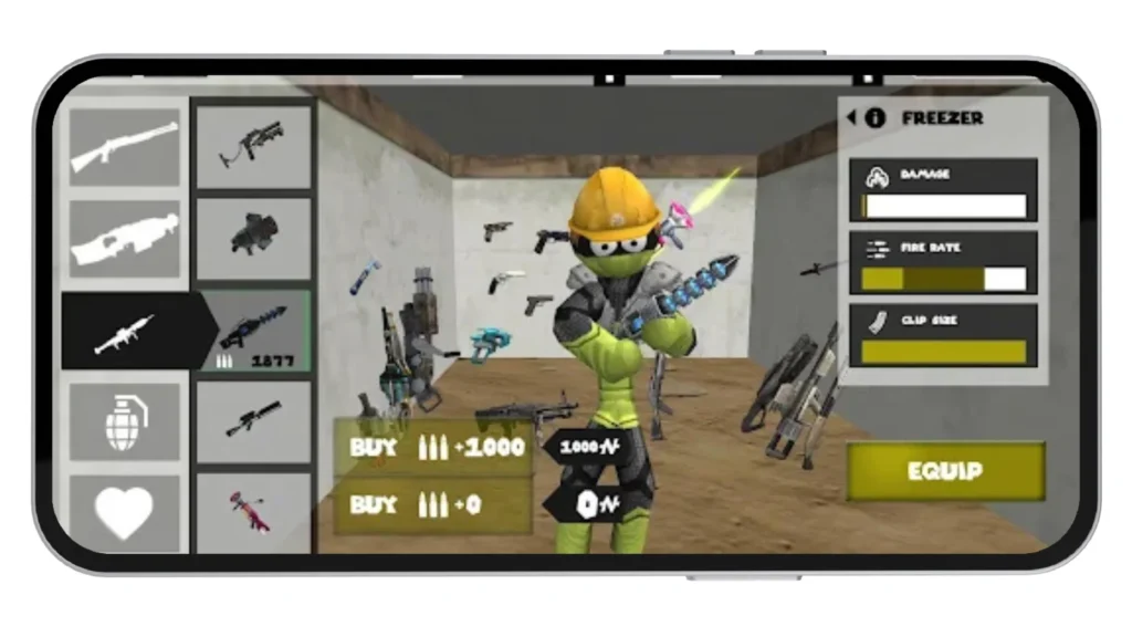 Character holding a freezer gun in weapon upgrade room